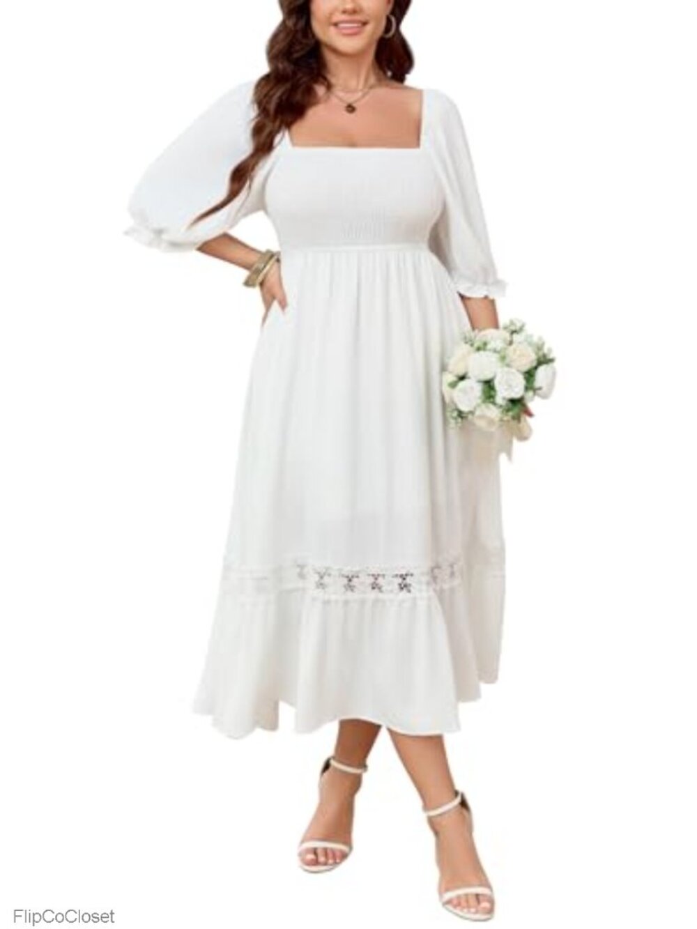 Plus Size Boho Maxi Dress Square Neck Flounce Sleeve Smocked Ruffle